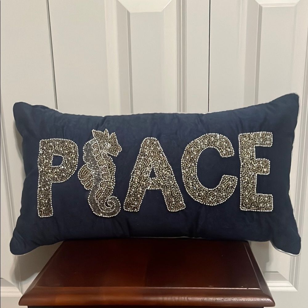 Bella Lux Peace Seahorse Beaded Embellished Navy Silver Velvet Pillow Holiday